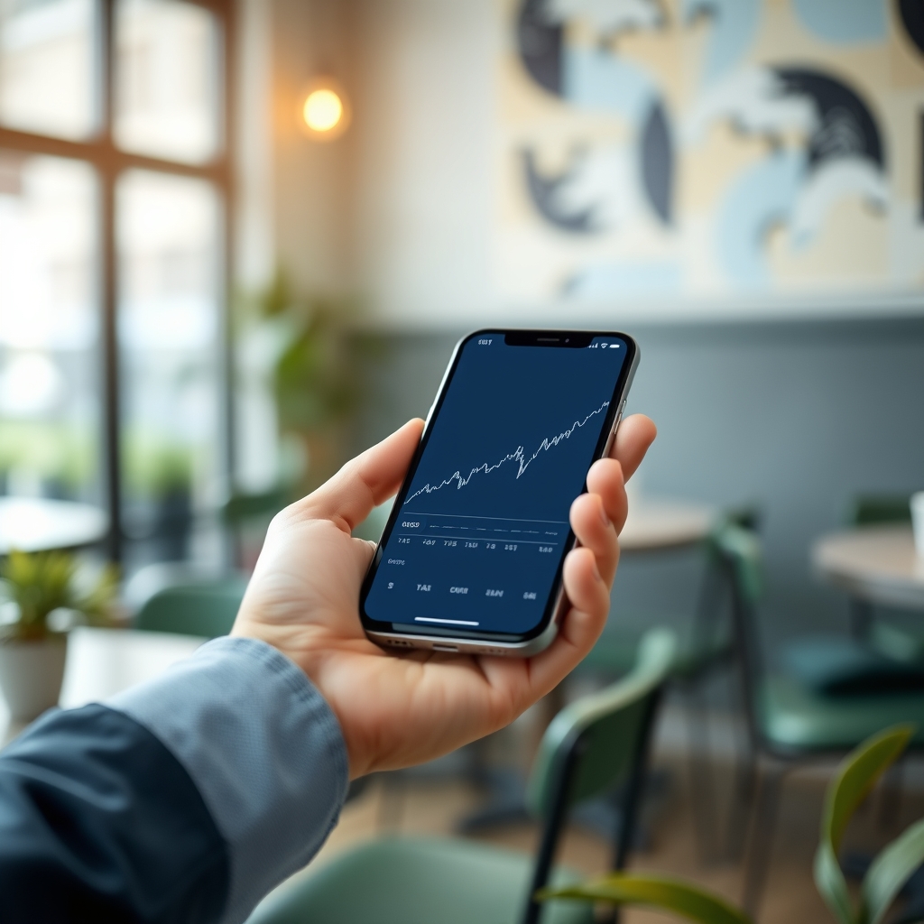 Smartphone die een eenvoudige prijsgrafiek toont, liggend op een houten tafel.